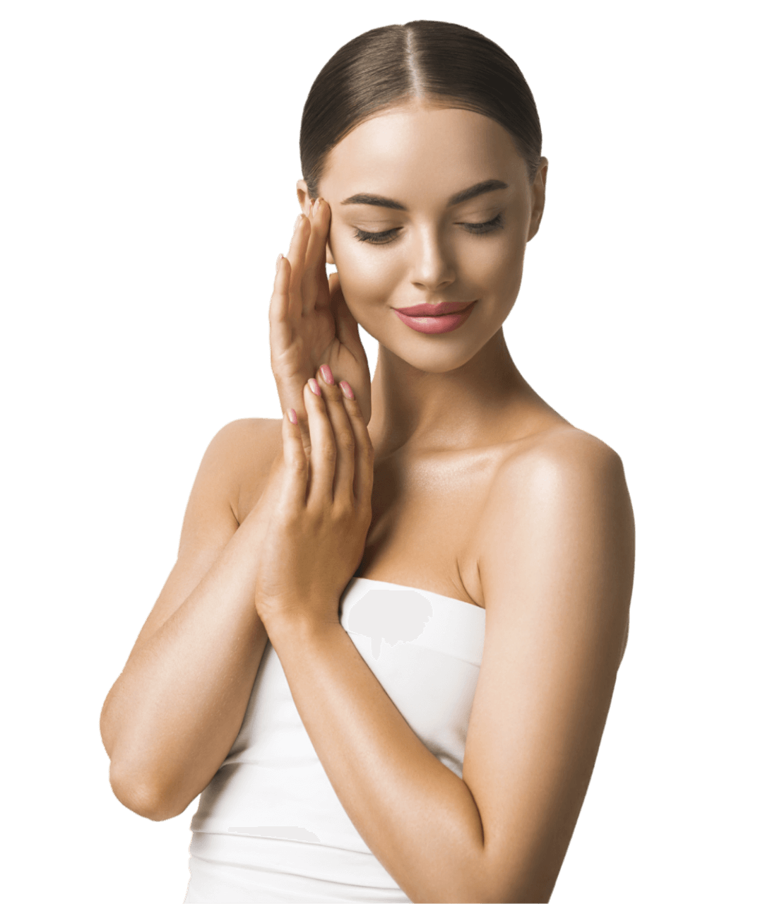 woman in a bathrobe feeling her skin